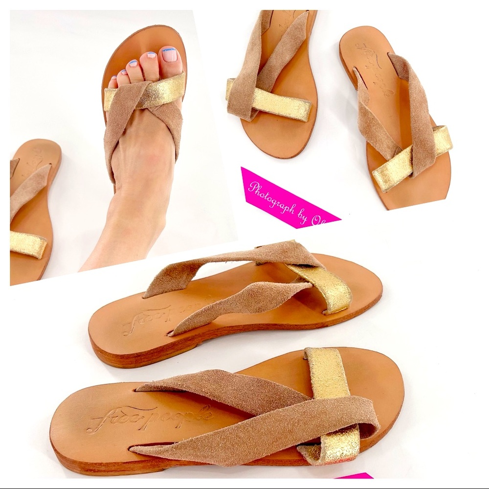 Free People Flats Metallic Gold Genuine Leather Slip On Slide Sandals Sz 37